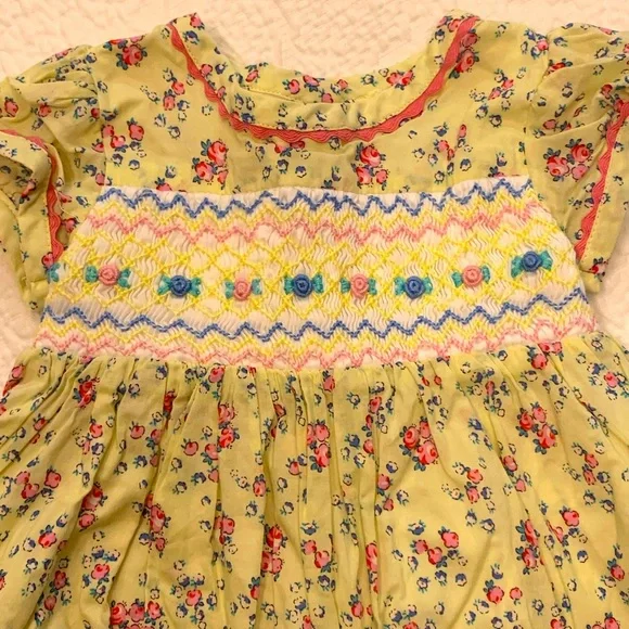 Rachel Riley Yellow Smocked Floral Print Dress 6m.